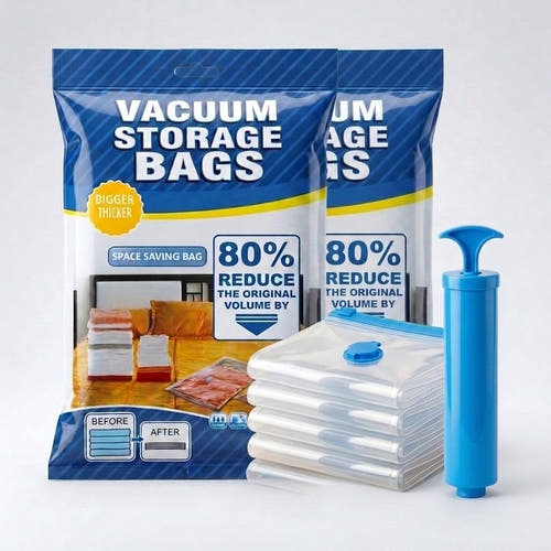The Everyday 2-Pack as it arrives: two retail packs of vacuum storage bags with the free blue hand pumps