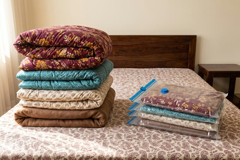 A stack of razais and blankets on a bed next to the same bedding sealed flat in vacuum bags