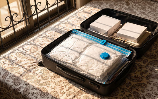 Suitcase packed with clothes in Larova vacuum bags, half the space used