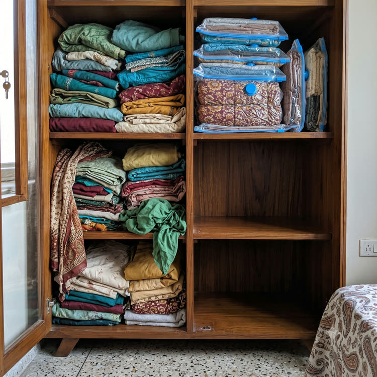 One almari, two sides — loose clothes crammed on the left, the same shelves holding flat sealed vacuum bags with space freed on the right