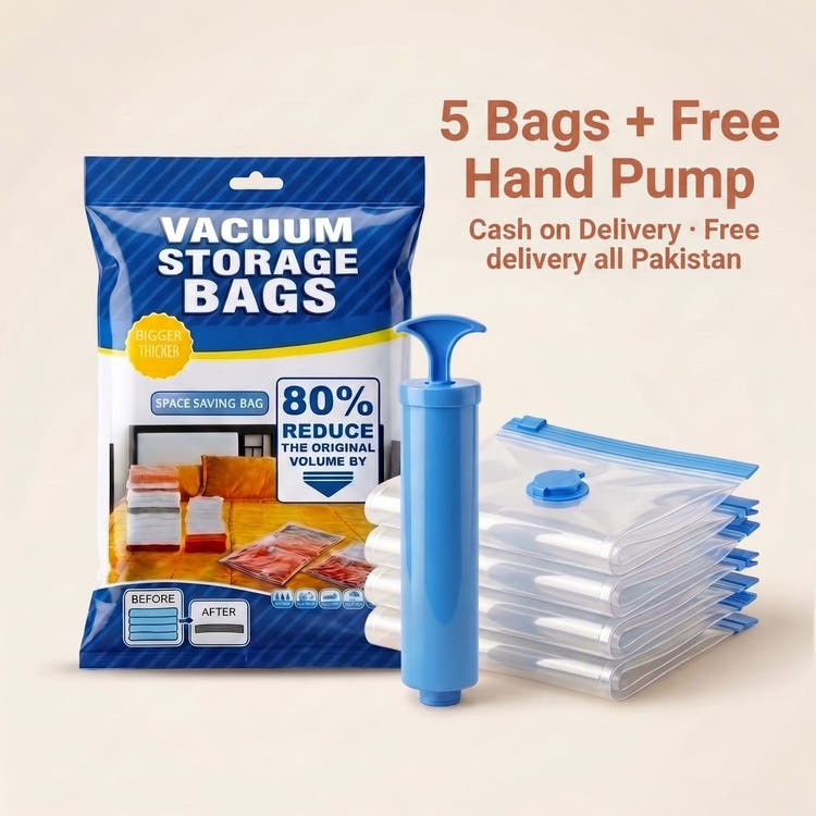 Larova Vacuum Storage Bags — 5 bags and a free hand pump, Cash on Delivery, free delivery all Pakistan