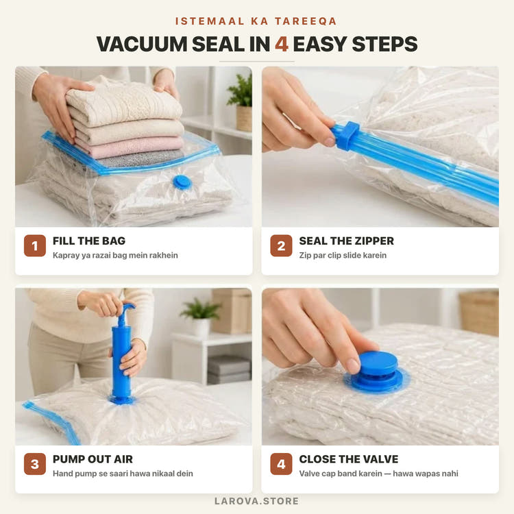 How to use — fill the bag, seal the zipper, pump out the air, close the valve