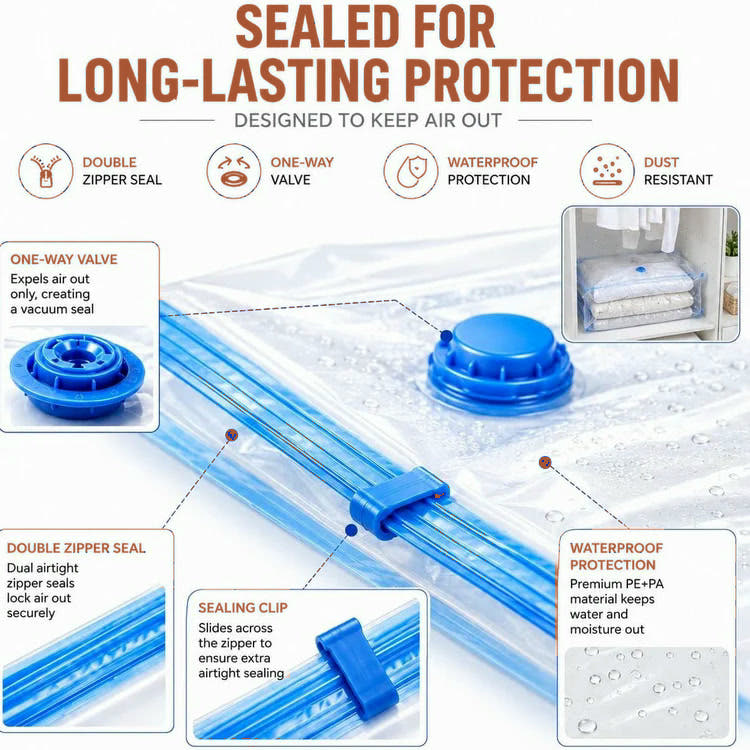 Sealed for long-lasting protection — double zipper seal, one-way valve, waterproof PE+PA material, dust resistant