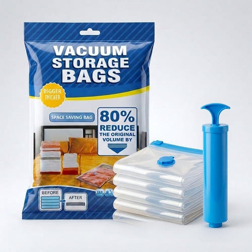 The Everyday Set as it arrives: one retail pack, a stack of vacuum storage bags and the free blue hand pump