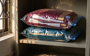 Wedding outfits in Larova vacuum bags inside a steel trunk, maroon and teal shalwar kameez with gold zari border
