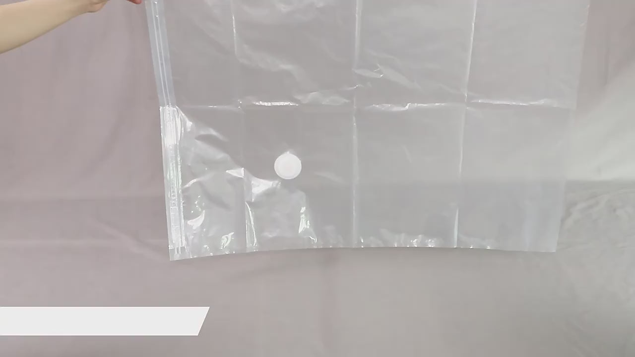Larova vacuum storage bag demo - fill, zip, hand pump the air out, seal the valve