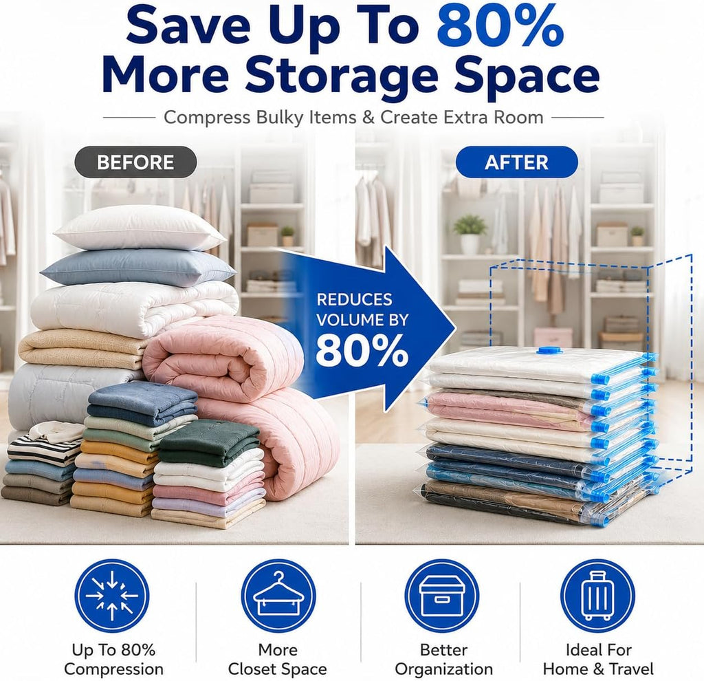 Before and after - bulky clothes and bedding compressed with Larova vacuum bags