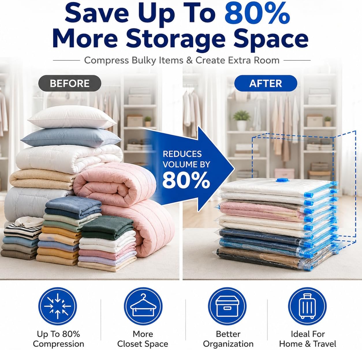 Before and after - bulky clothes and bedding compressed with Larova vacuum bags