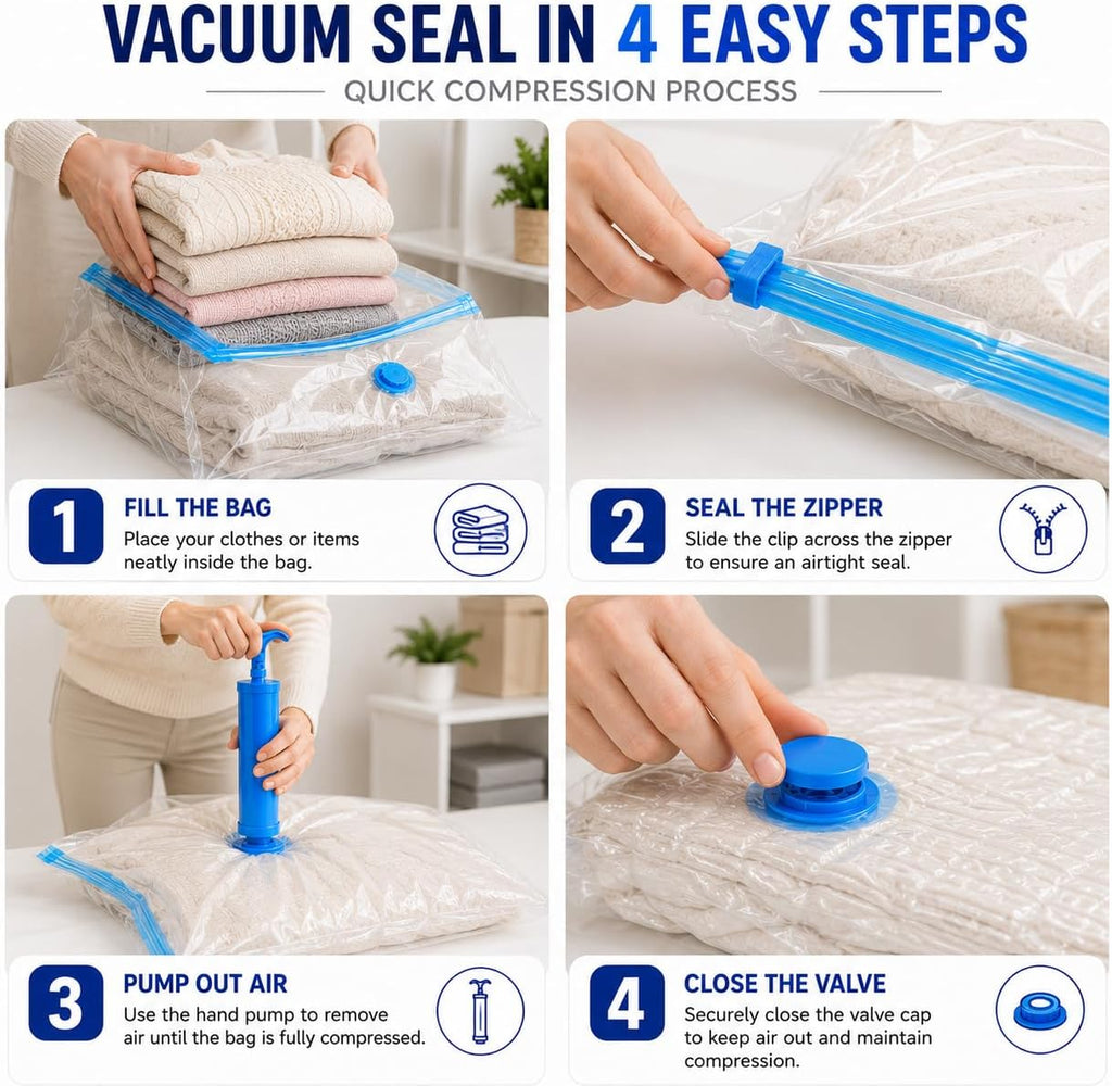 Vacuum seal in 4 easy steps - fill, seal, pump, close the valve