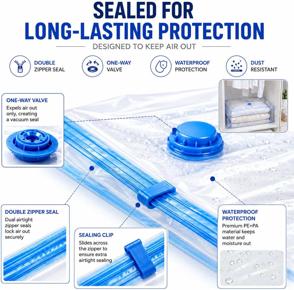 Double zipper seal, one-way valve and PE+PA material keep air and water out