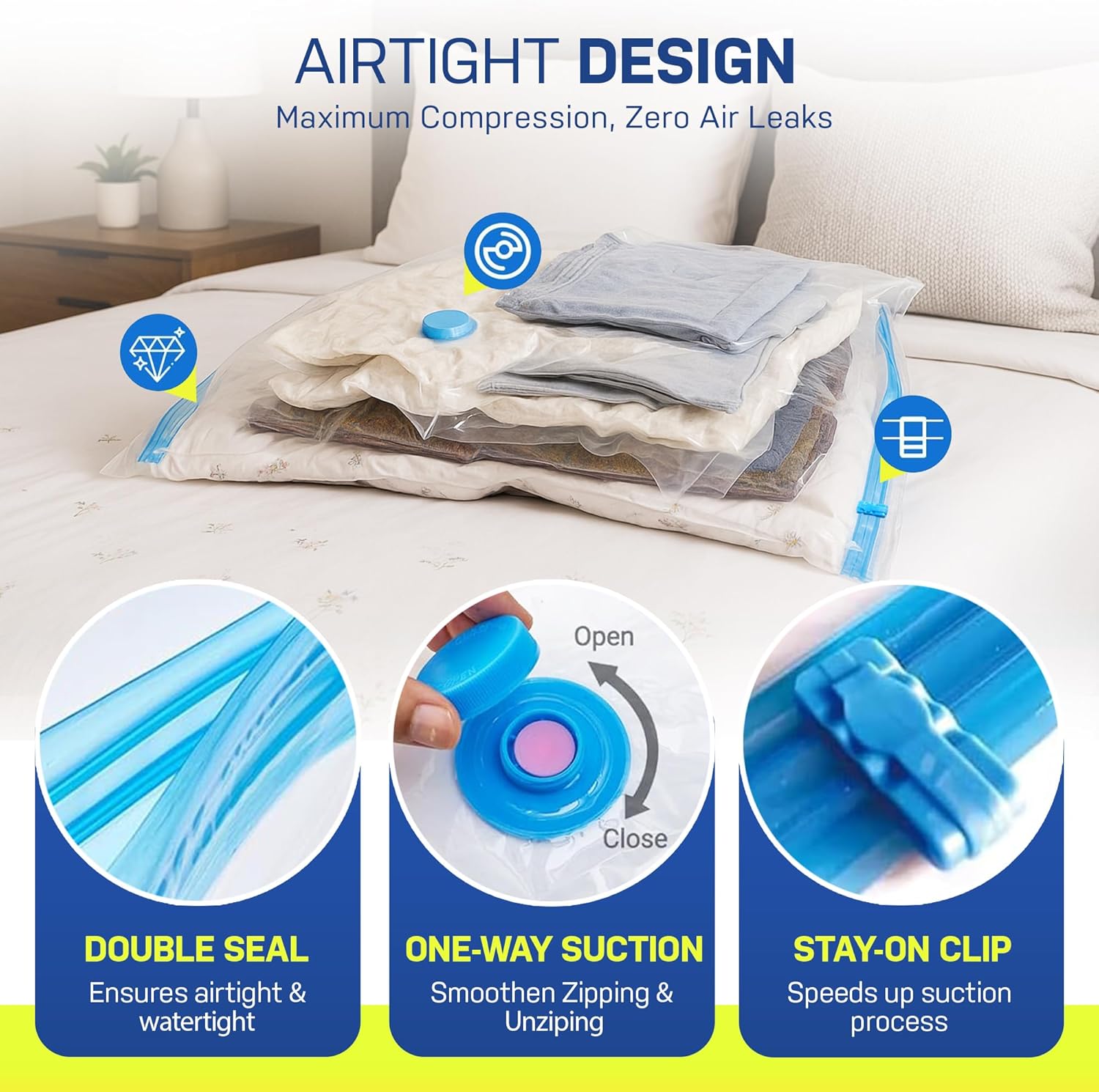 Airtight design - double seal, one-way suction valve and stay-on clip